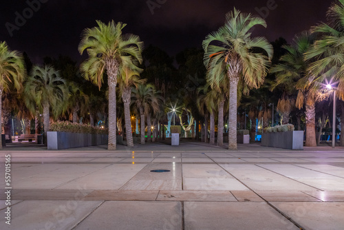 Public promenade in Malaga, Parmeral de las Sorpresas at late night in the full colors of the night city lights. Modern urban architecture, Harbour quay at night. Andalusia, Spain