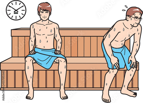 サウナの若者と退室する中年男性