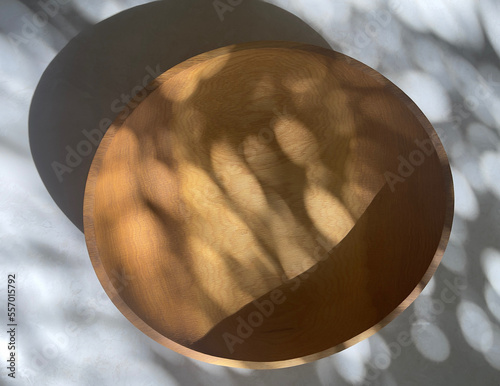 Beautiful wooden bowl with shadows and reflections