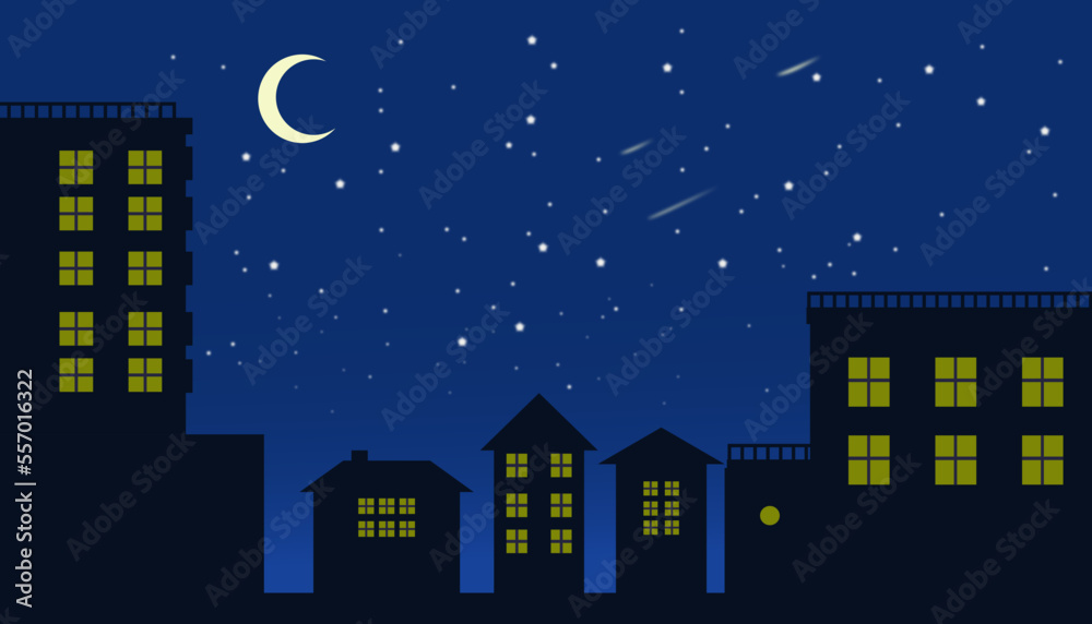 night sky with stars and moon clouds rising in the white city. Vector