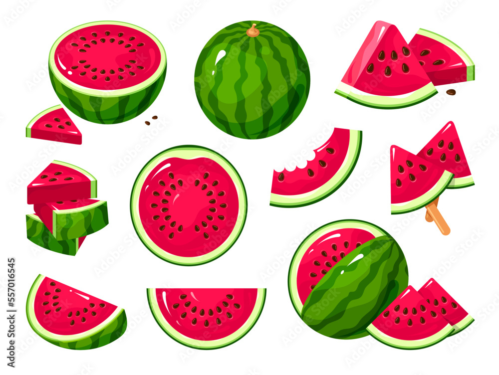 Watermelon half whole slice piece on stick summer sweet dessert set isometric vector illustration Watermelon half whole slice piece on stick summer sweet dessert set isometric vector illustration