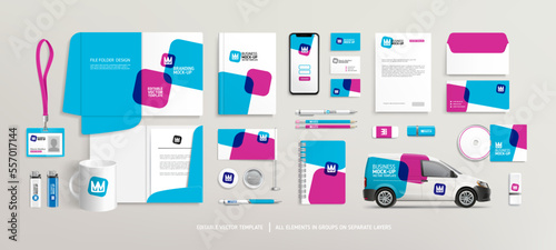 Brand Identity Mock-Up of stationery set. Business office stationary mockup. Business brochure cover. Company Car Mock-up. Advertising promo elements. Editable vector template