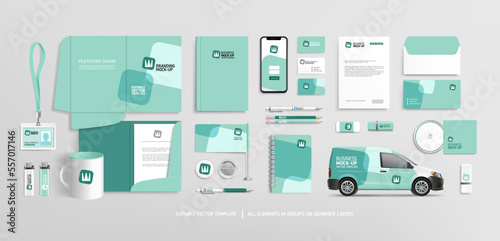 Stationery Brand Identity Mock-Up set with blue and white abstract design. Business stationary mockup template of File folder, annual report cover, van car, brochure, mug. Editable vector