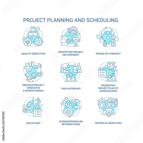 Project planning and scheduling turquoise concept icons set. Business improvement idea thin line color illustrations. Isolated symbols. Editable stroke. Roboto-Medium, Myriad Pro-Bold fonts used