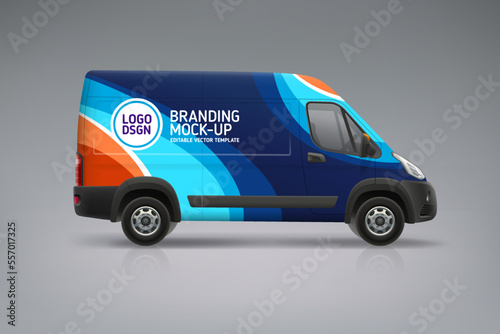 Company Car mockup with branding design. Corporate Van mockup. Abstract blue graphics corporate identity for company car. Vehicle branding graphics. Delivery Van editable vector template