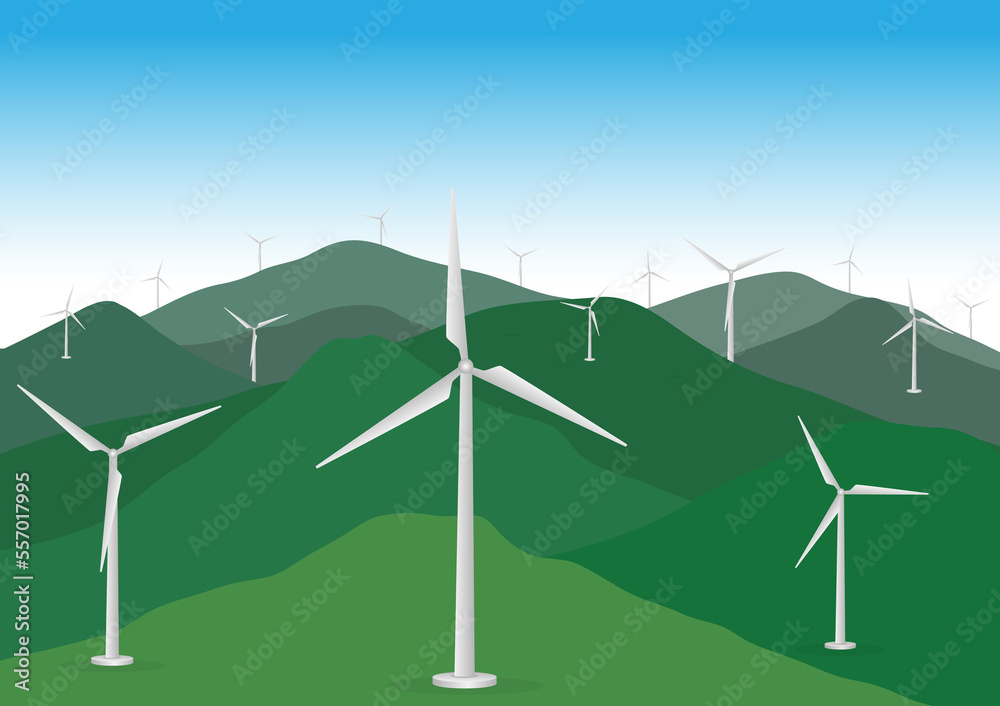 Wind turbines farm. Windmills on mountain and hill. Wind turbines. Renewable alternative sources energy. Vector illustration Wind turbines farm. Windmills on mountain and hill. Wind turbines. Renewable alternative sources energy. Vector illustration