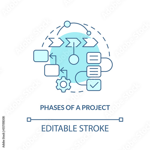 Phases of project turquoise concept icon. Create structure. Business plan includes abstract idea thin line illustration. Isolated outline drawing. Editable stroke. Arial, Myriad Pro-Bold fonts used