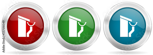 Free Download Roof and gutter, guttering home vector icon set. Red, blue and green silver metallic web buttons with chrome border - GFXLoad