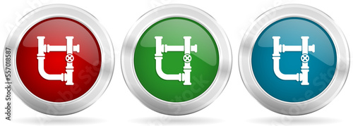 Pipeline, tube, pipe and industrial vector icon set. Red, blue and green silver metallic web buttons with chrome border