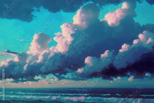 Later afternoon pacific beach coastline with calm ocean waves and large cumulus clouds in the blue summer sky.