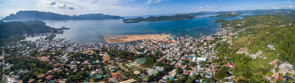 Coron Cityscape with Mt. Tapyas Mountain in Background. Palawan, Philippines. Panoramal Photo