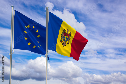 European Union and Republic of Moldova Flags Over Blue Sky Background. 3D Illustration photo