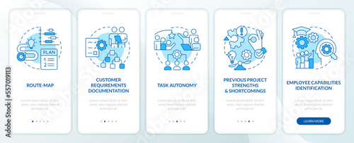 Project planning benefits blue onboarding mobile app screen. Business walkthrough 5 steps editable graphic instructions with linear concepts. UI, UX, GUI template. Myriad Pro-Bold, Regular fonts used