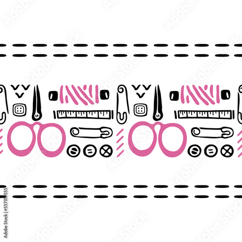Seamless border. Sewing kit. Scissor, stitches, buttons and bobbins. Hand-drawn doodles collection. Vector illustration on white background.