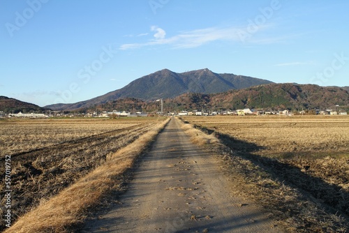 An agricultural road running towards Mount Tsukuba in Japan