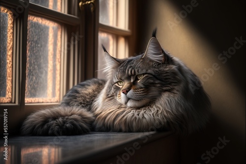 a cat is sitting on a window sill looking out the window at the outside of the room and the light coming in. © Anna