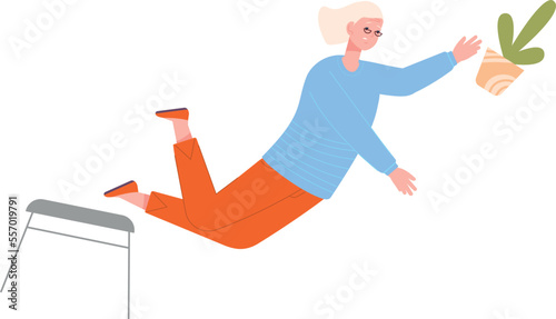 Old woman falling from chair. Dizzy senior accident