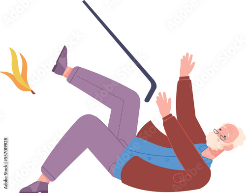 Old man slip on banana peel. Falling down accident