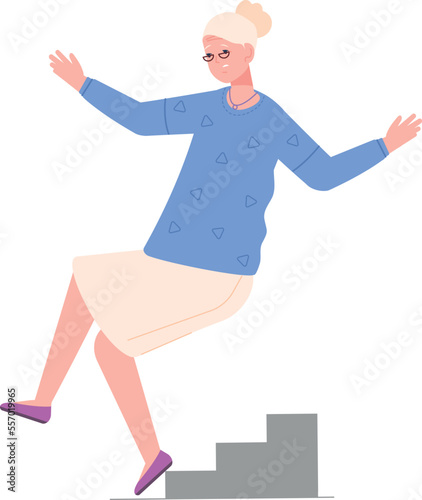 Old woman stumble on stairs. Senior fall over