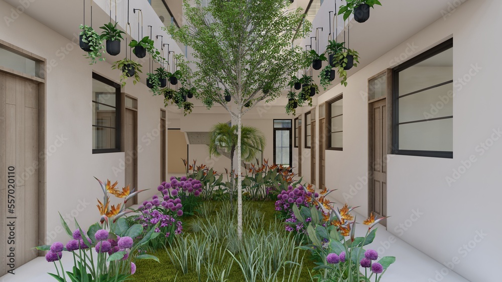 Naklejka premium Design of the interior garden of a house, hanging plants