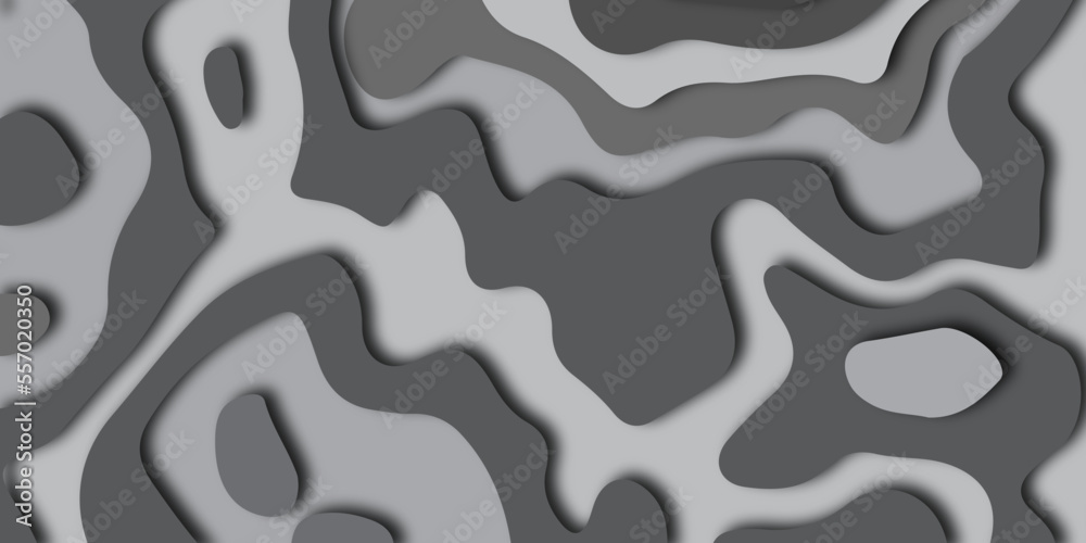 Back, gray paper cut shapes background with shadow and topography map concept.  Vector illustration.