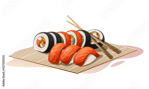 Delicious sushi rolls with different fillings and sushi with salmon
