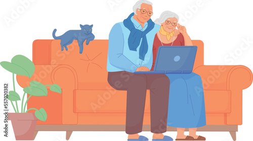 Old couple looking at laptop screen together. Granparents video call