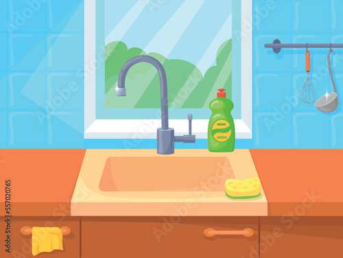 Empty sink. Cartoon kitchen interior. Home washstand