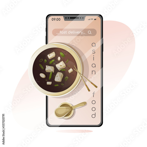 Fast delivery poster. Japanese delicious and fragrant miso soup in smartphone