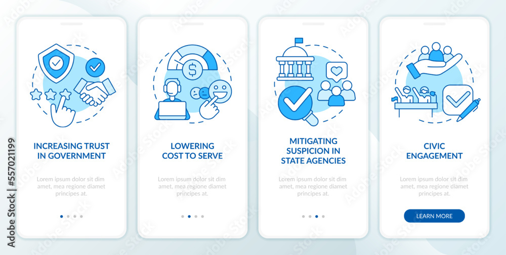 Public service delivery changes blue onboarding mobile app screen. Walkthrough 4 steps editable graphic instructions with linear concepts. UI, UX, GUI template. Myriad Pro-Bold, Regular fonts used