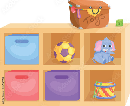 Toy storage. Kid wooden shelf cartoon icon
