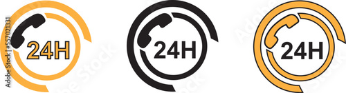 Black Telephone 24 hours support icon isolated on yellow and white background. All-day customer support call-center. Full time call services. Random dynamic shapes. Vector Illustration 