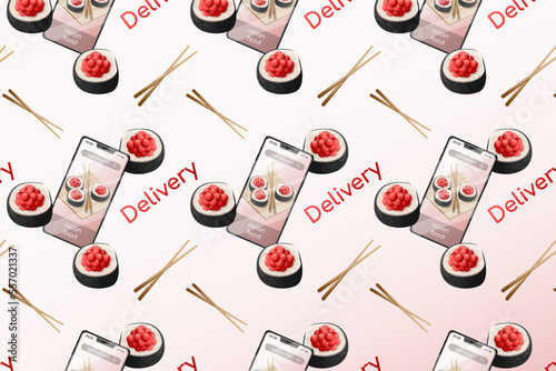 Seamless pattern. Sushi rolls with red caviar in smartphone