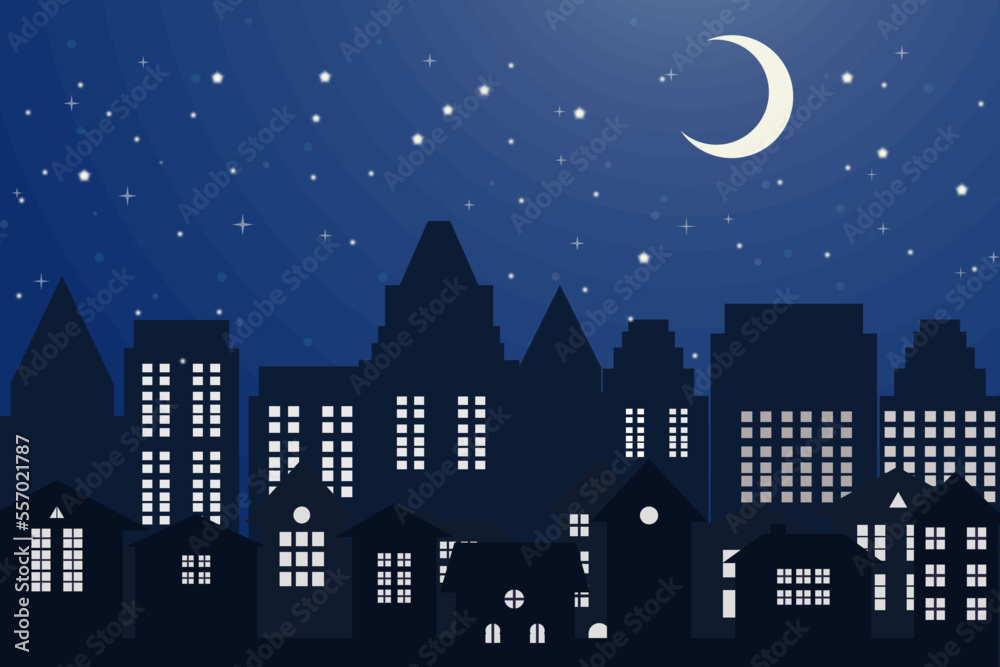 night sky with stars and moon clouds rising in the white city. Vector