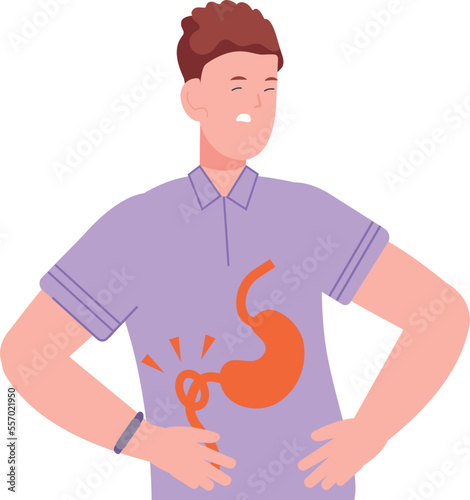 Indigestion icon. Young man with abdominal pain