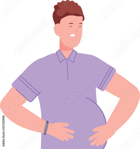 Abdominal bloating symptom. Person with stomach pain