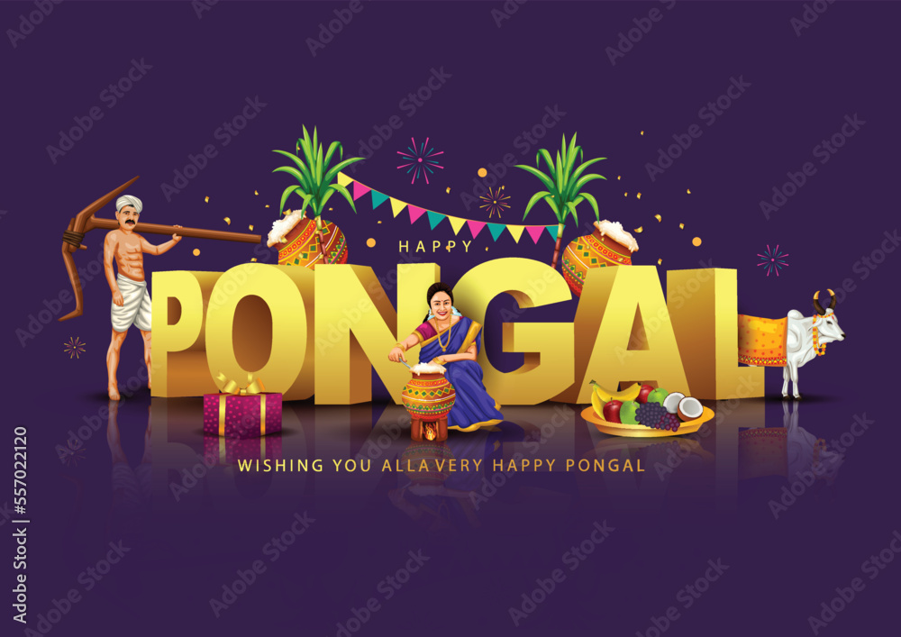 Tamil Nadu festival Happy Pongal with Pongal props, holiday Background, pongal celebration greeting card, vector illustration design.. - obrazy, fototapety, plakaty 