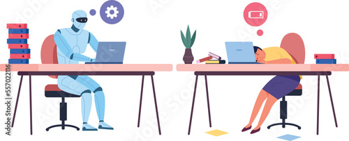 Human replace tired human at office job. Future work technology