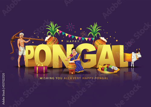 Tamil Nadu festival Happy Pongal with Pongal props, holiday Background, pongal celebration greeting card, vector illustration design..
