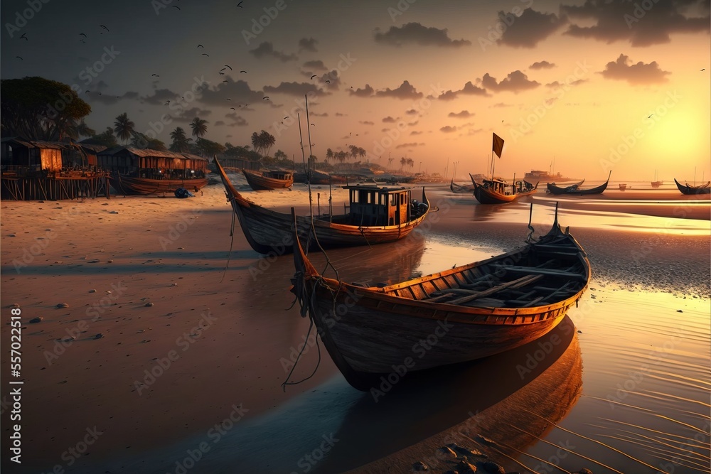 a painting of a beach with boats on it at sunset or dawn or dawn.