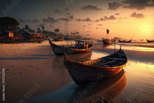 a painting of a beach with boats on it at sunset or dawn or dawn.