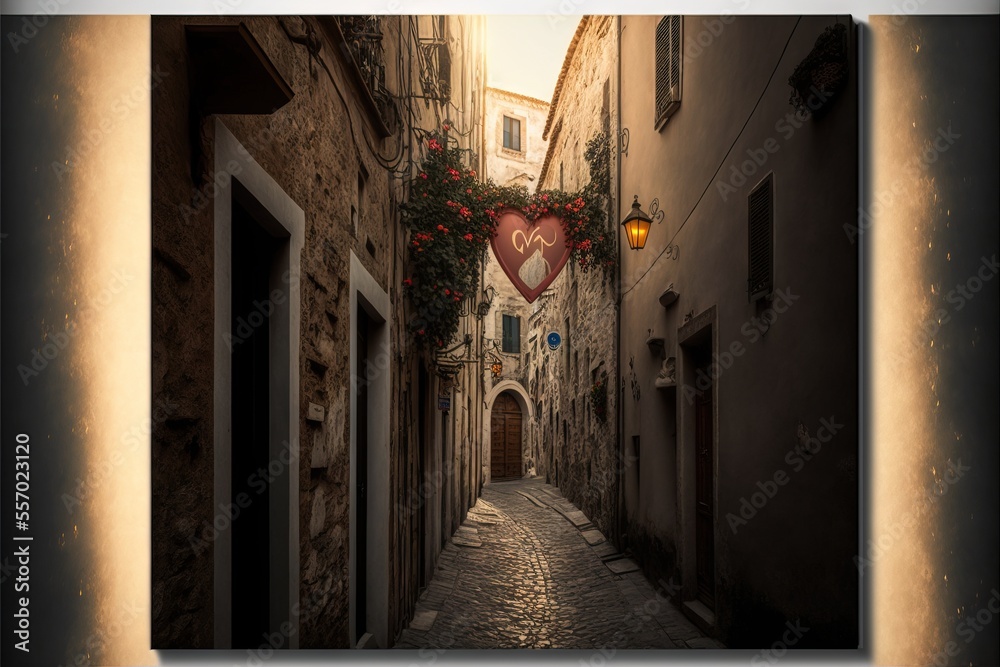 a narrow alley with a heart hanging from the side of it's building and a lantern light on the side.