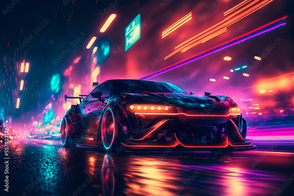 Futuristic sports car drifting in the neon street. AI