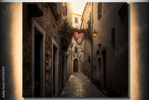 a narrow alley with a heart hanging from the side of it's building and a lantern light on the side.