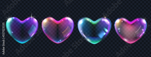 3D heart bubble overlay glossy vector illustration set, magic Valentine’s Day love icon balloon. Soapy foam transparent wedding shape, colorful shiny rainbow ball. Heart bubble abstract design element