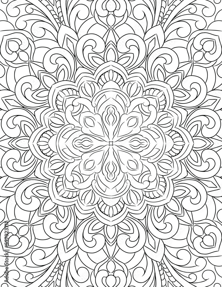 Hand drawn abstract mandala pattern coloring page for children and adults. 