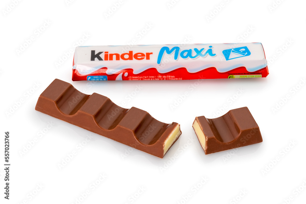 Alba, Italy - December 28, 2022: Kinder Maxi Ferrero isolated on white,  package and cut out chocolate