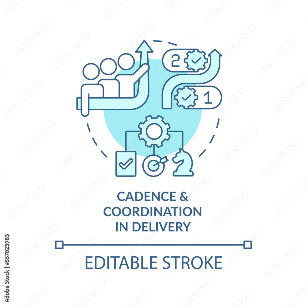 Cadence, coordination in delivery turquoise concept icon. Government transformation abstract idea thin line illustration. Isolated outline drawing. Editable stroke. Arial, Myriad Pro-Bold fonts used