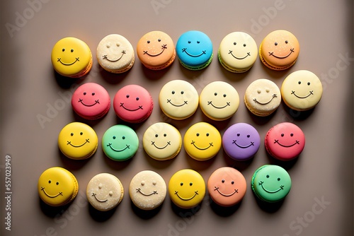 a group of colorful macaroons with smiley faces on them.