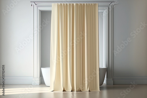 Fotografia Shower curtain mockup in beige, closed, front view